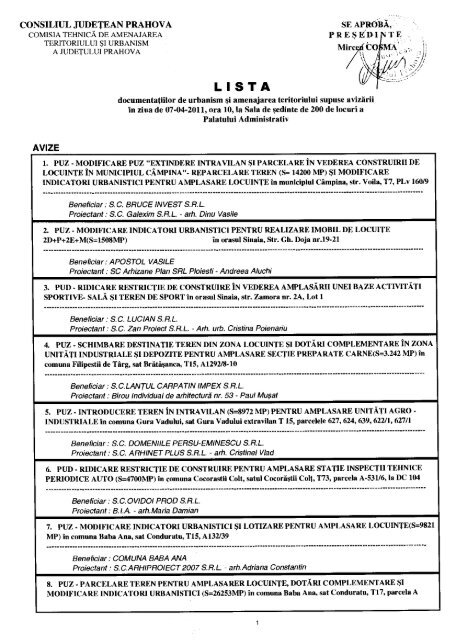 Lista documentatiilor de urbanism si amenajarea teritoriului supuse