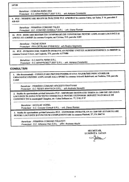 Lista documentatiilor de urbanism si amenajarea teritoriului supuse