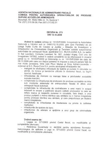 Decizia Nr.273 din 14.10.2009 SC RUVA-CORA SA - Autoritatea ...