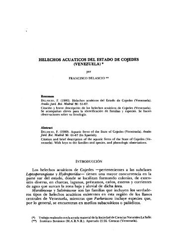 HELÉCHOS ACUÁTICOS DEL ESTADO DE COJEDES (VENEZUELA)
