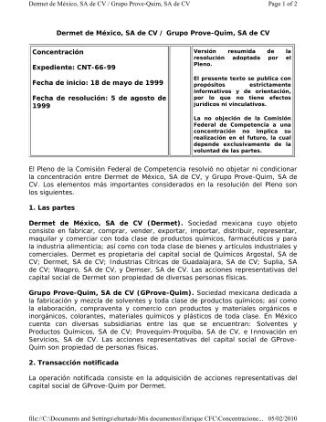 Dermet de México, SA de CV / Grupo Prove-Quim, SA de CV El ...