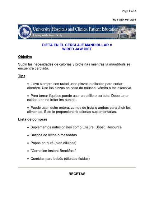 DIETA EN EL CERCLAJE MANDIBULAR = WIRED JAW DIET ...