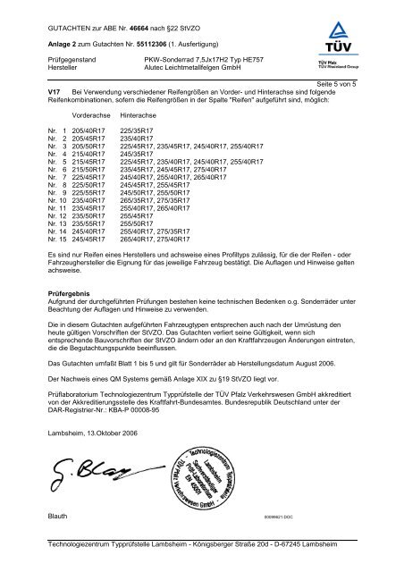 GUTACHTEN zur ABE Nr. 46664 nach §22 Stvzo Anlage 2 ... - Alutec