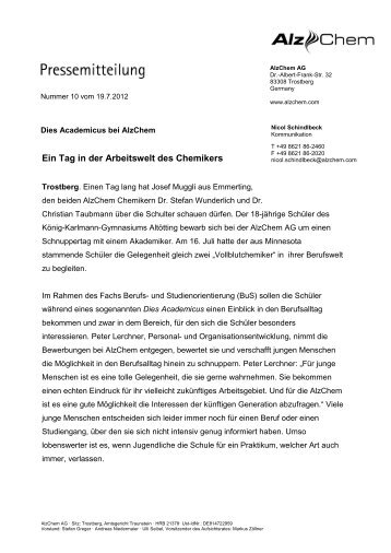 Pressemitteilung (24.07.2012) - Dies Academicus bei Alzchem