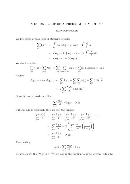 A QUICK PROOF OF A THEOREM OF MERTENS' We first prove a ...