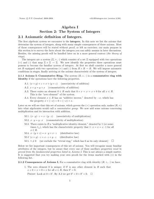 Algebra I Section 2: The System of Integers 2.1 Axiomatic definition ...