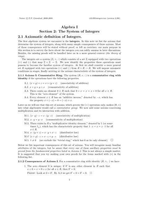 Algebra I Section 2: The System of Integers 2.1 Axiomatic definition ...