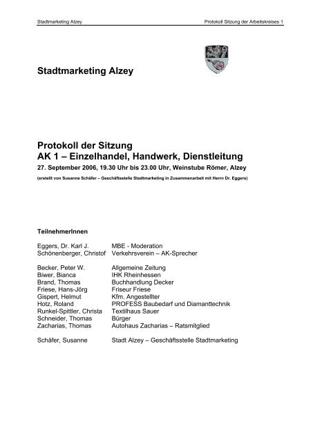 Stadtmarketing Alzey Protokoll der Sitzung AK 1 â€“ Einzelhandel ...