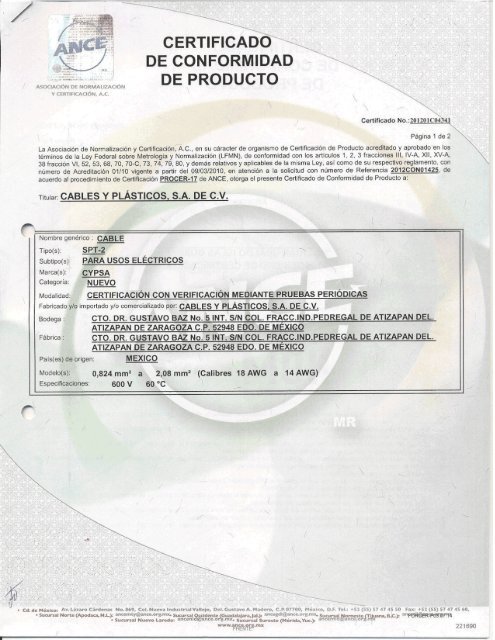 Certificaciones ANCE - cablesyplasticos.com.mx