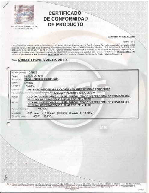 Certificaciones ANCE - cablesyplasticos.com.mx