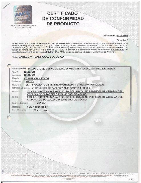 Certificaciones ANCE - cablesyplasticos.com.mx