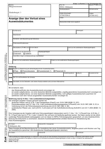 Verlustanzeige Personalausweis und/oder Reisepass