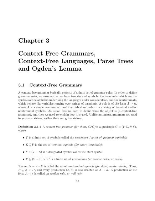 Chapter 3 Context-Free Grammars, Context-Free Languages, Parse ...