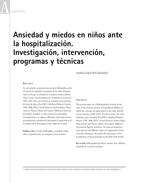 Ansiedad y miedos en niños ante la hospitalización - Universidad ...