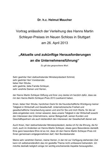 Dankrede Dr. h.c. Helmut Maucher - Hanns Martin Schleyer-Stiftung