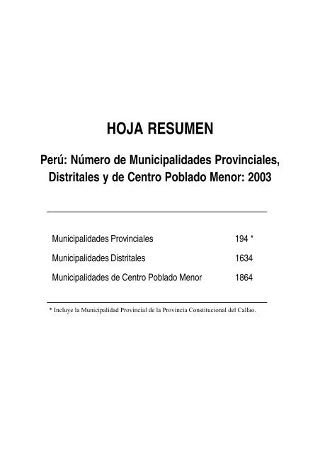 directorio nacional de municipalidades provinciales, distritales y - Inei