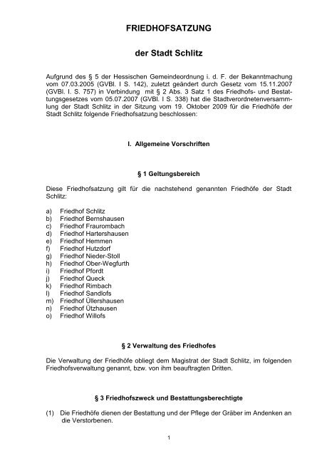 Laden Sie sich hier die Friedhofssatzung der Stadt - Schlitz