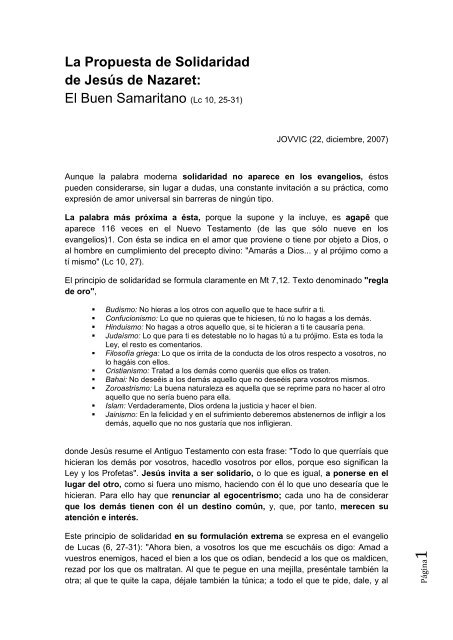La Propuesta de Solidaridad de Jesús de Nazaret: