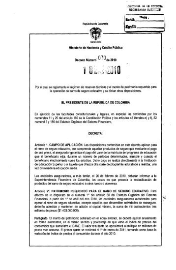 Decreto 070 de 2010 - Superintendencia Financiera de Colombia