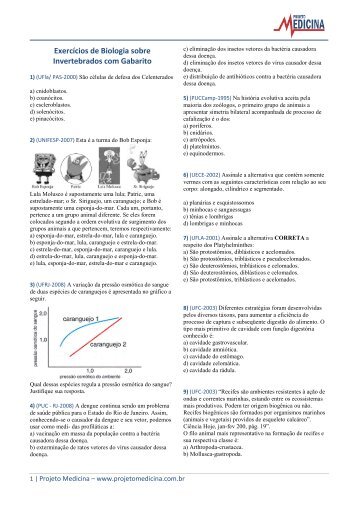 Exercícios de Biologia sobre Invertebrados com ... - Projeto Medicina