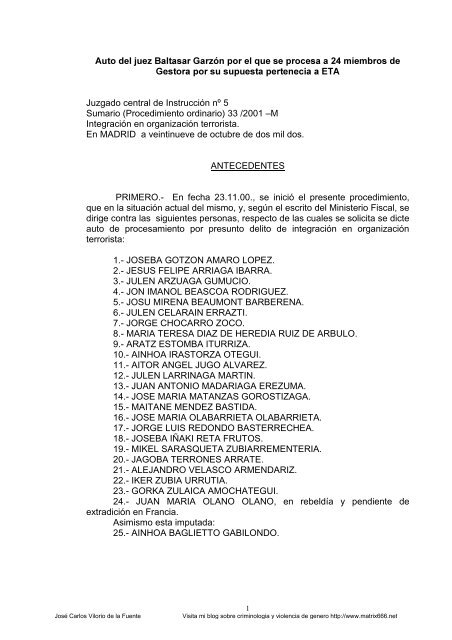 Auto del juez Baltasar Garzón por el que se procesa a  - Matrix666