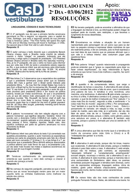 1Âº Simulado Enem Resolucao Do 2Âº Dia Pdf Casd Vestibulares