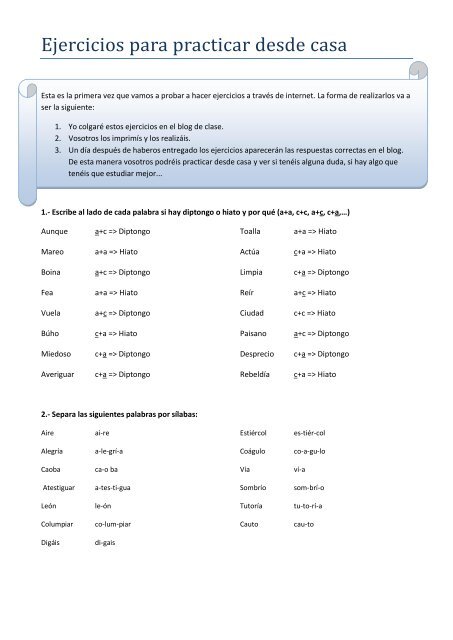 Ejercicios para practicar desde casa, diptongos e hiatos corregidos