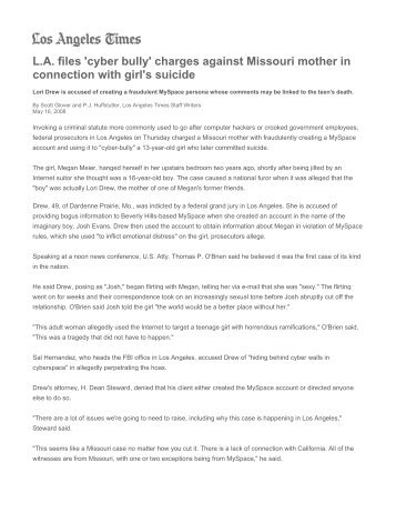 L.A. files 'cyber bully' charges against Missouri mother in ... - NetLingo