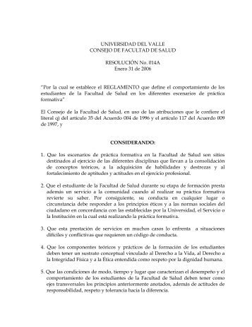 UNIVERSIDAD DEL VALLE CONSEJO DE FACULTAD DE SALUD ...