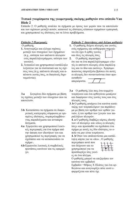 Επίπεδα Van Hiele και διδακτικές προσεγγίσεις - University of Athens