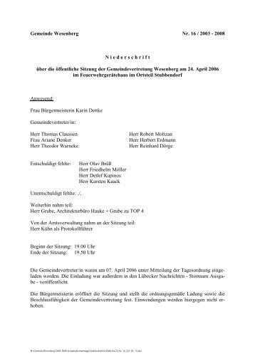 Niederschrift der Sitzung Nr. 16 vom 24. April - Amt Nordstormarn