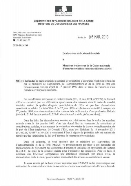 circulaire ministérielle n° D/2013/799 du 6 mars 2013