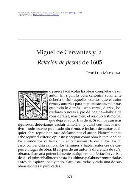 Miguel de Cervantes y la Relación de fiestas de 1605 - H-Net