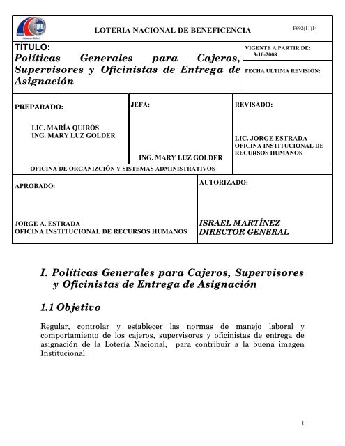 Políticas Generales para los Cajeros, Supervisores y Oficinistas de 