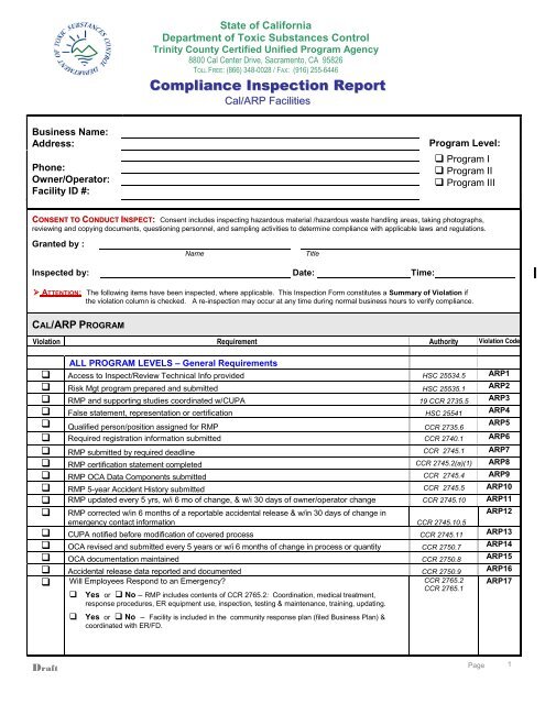 CalARP Inspection Checklist - the Department of Toxic Substances ...