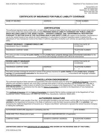 Certificate of Insurance for Public Liability Coverage, DTSC 8038