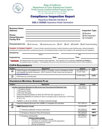 Trinity County - Compliance Inspection Report SQG CESQG