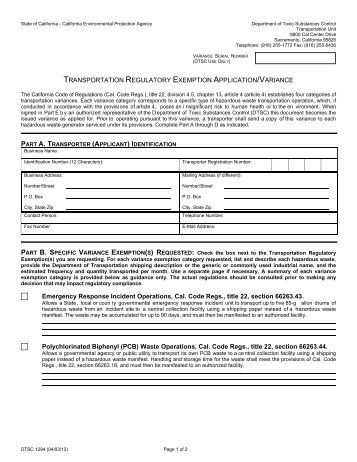 Transportation Regulatory Exemption Application/Variance