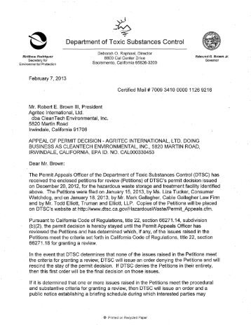 DTSC letter to Mr. Robert Brown III for CleanTech Environmental, Inc ...