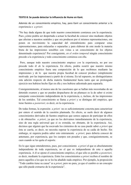 TEXTO 8: Se puede detectar la influencia de Hume en Kant ...