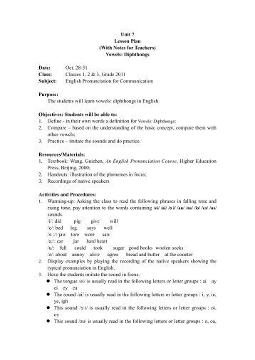 Unit 7 Lesson Plan (With Notes for Teachers) Vowels: Diphthongs ...