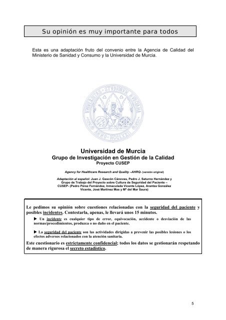 CUESTIONARIO SOBRE SEGURIDAD DE LOS PACIENTES