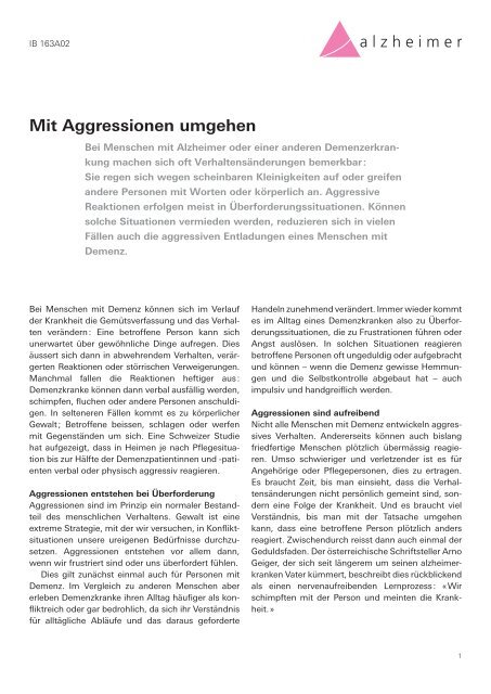 Mit Aggressionen umgehen - Schweizerische Alzheimervereinigung