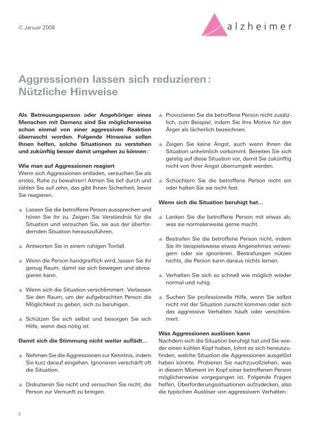 Mit Aggressionen umgehen - Schweizerische Alzheimervereinigung
