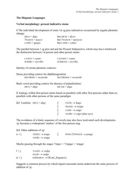 Page 1 The Hispanic Languages Verbal morphology: present ...