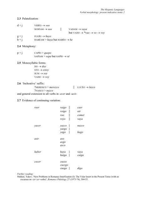 Page 1 The Hispanic Languages Verbal morphology: present ...
