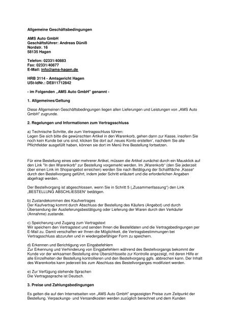 Allgemeine Geschaftsbedingungen Ams Auto Gmbh Ams Hagen
