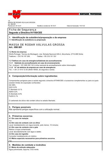 Ficha de Segurança MASSA DE RODAR VÁLVULAS ... - Wurth