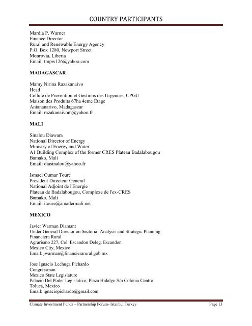 COUNTRY PARTICIPANTS - Climate Investment Funds