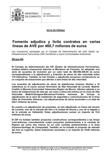 Fomento adjudica y licita contratos en varias líneas de AVE por 460 ...